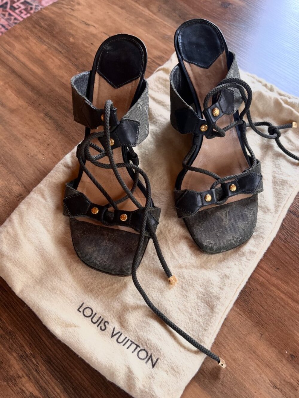 Louis Vuitton Monogram Lace Up Heeled Sandals Size 37 Brown Canvas Wedge Heels - Picture 2 of 8